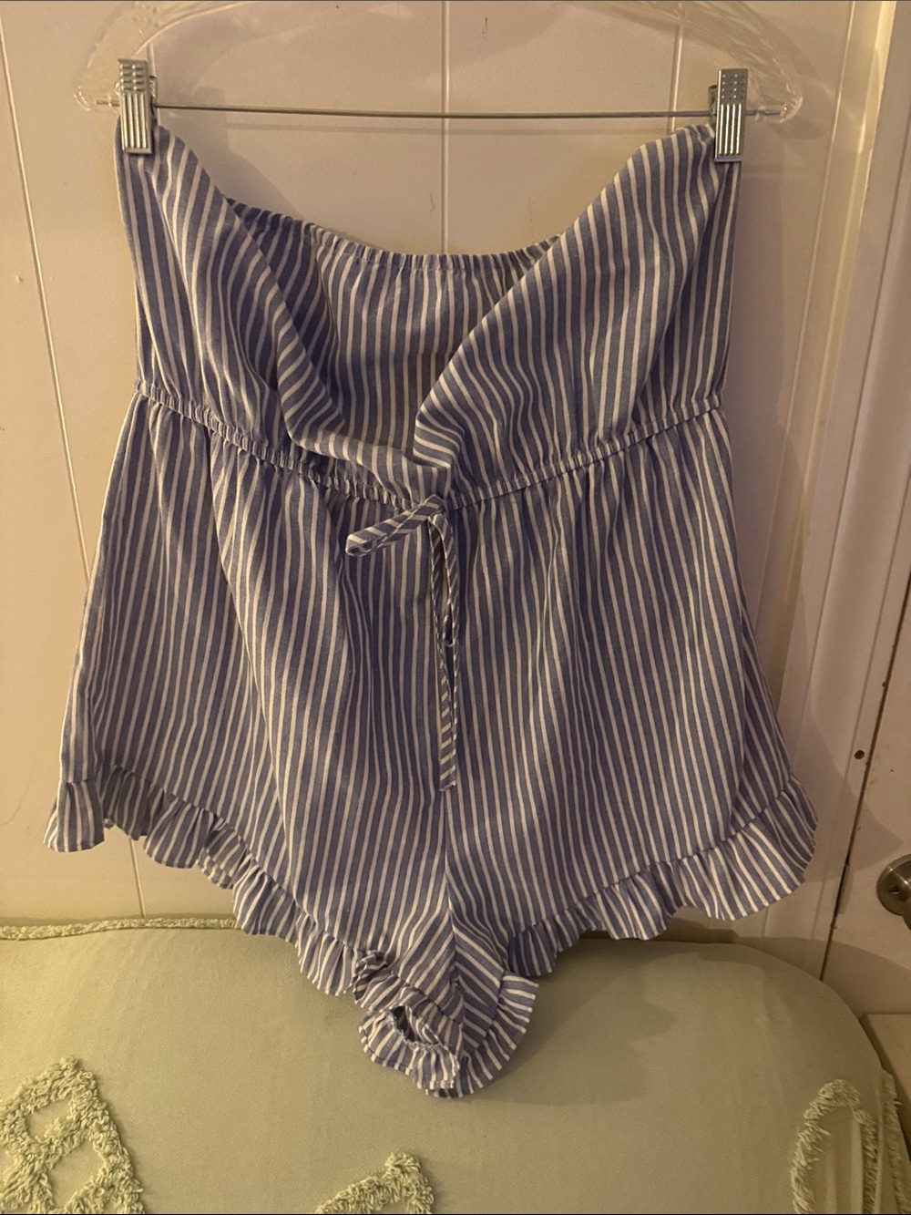SHEIN Blue & White Strapless Striped Romper